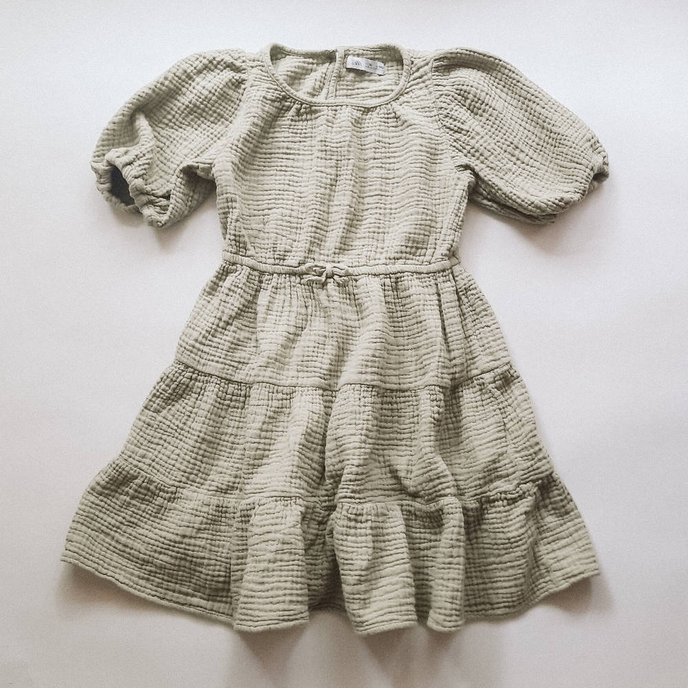 Zara Kids Girls Seafoam Green Puffed Short Sleeved Tiered Muslin Dress Size 10
